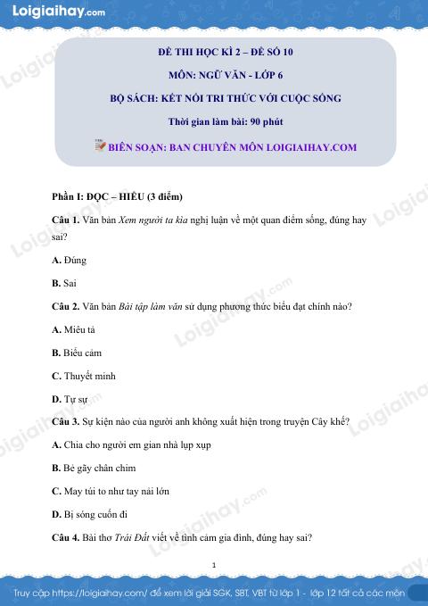 Đề thi học kì 2 Văn 6 Kết nối tri thức - Đề số 10